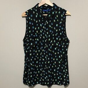 Apt. 9 Black Sleeveless Collared Blouse with Blue & Green Print